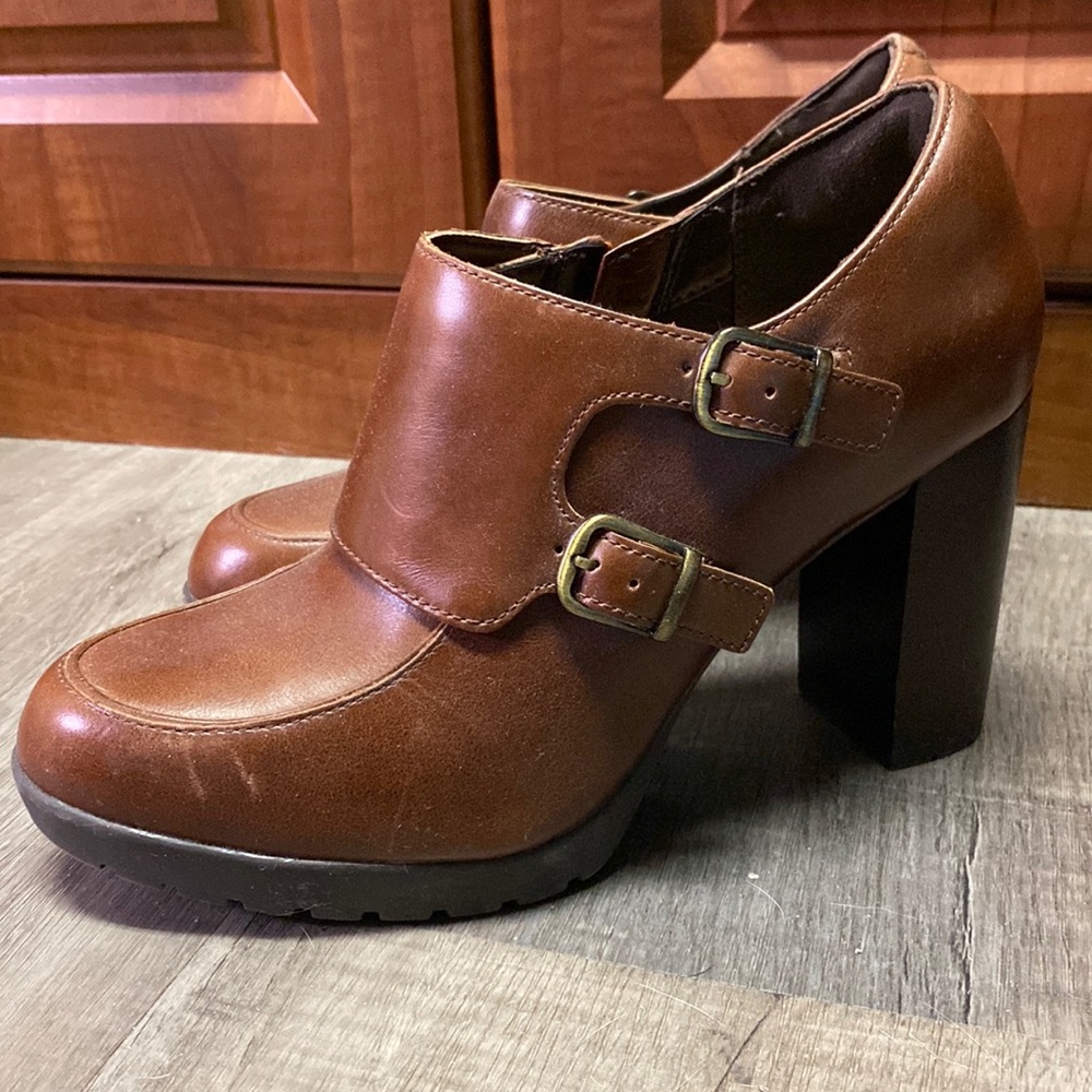 Clarks Brown Leather Platform Heels Ankle Booties